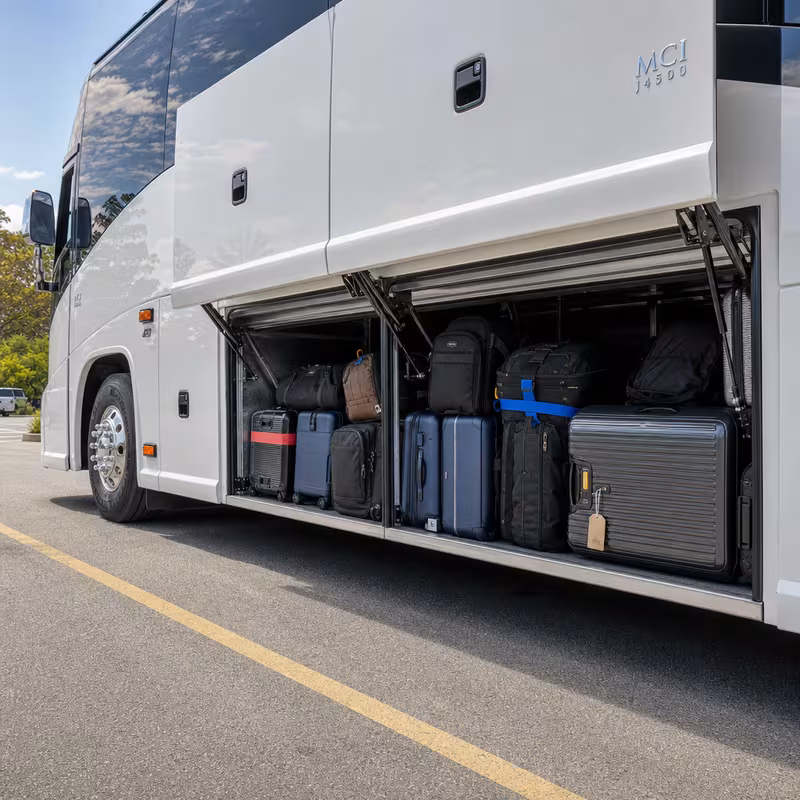 Party bus interior with wraparound leather seating and LED lighting in New Brunswick