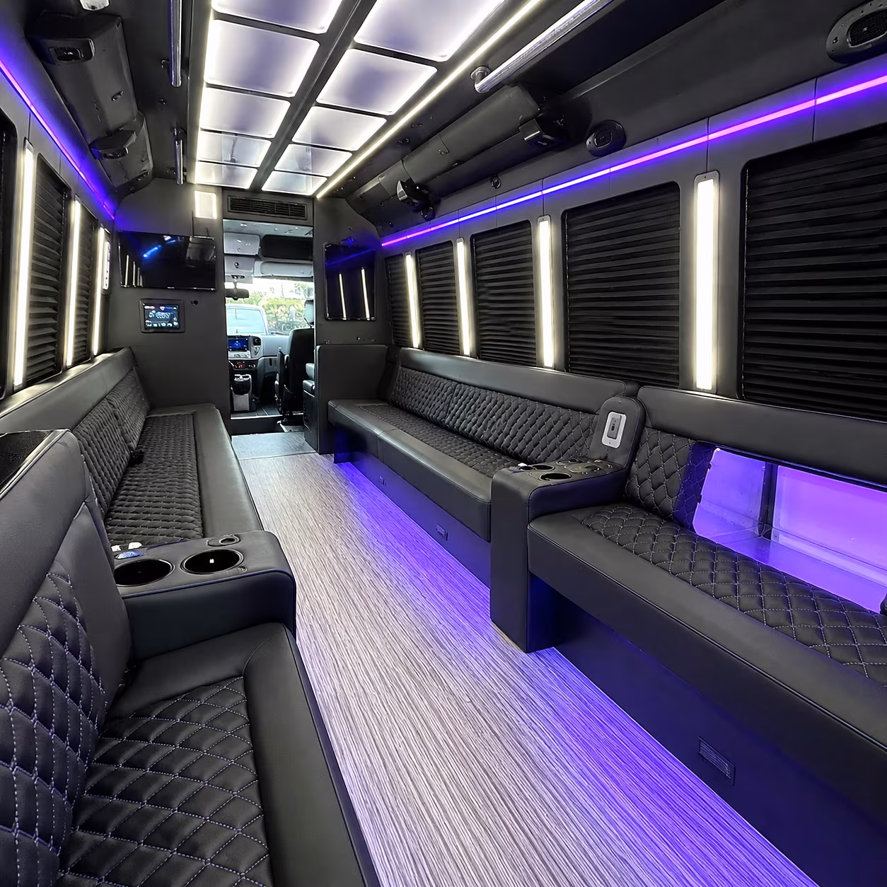 Interior of a party bus rental serving New Brunswick