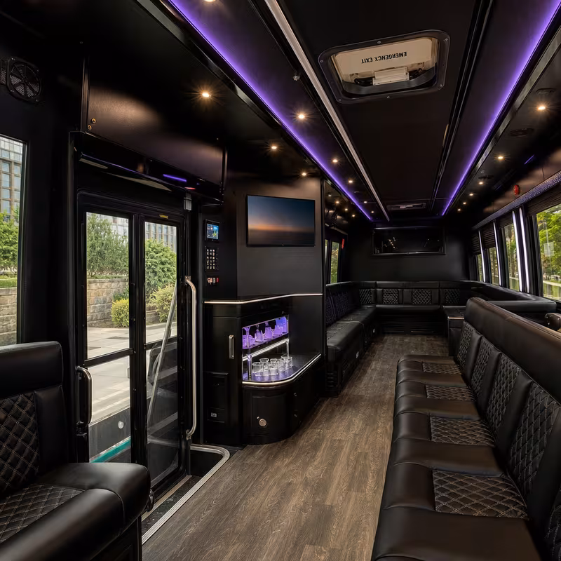 Party bus interior with wraparound leather seating and LED lighting in New Brunswick