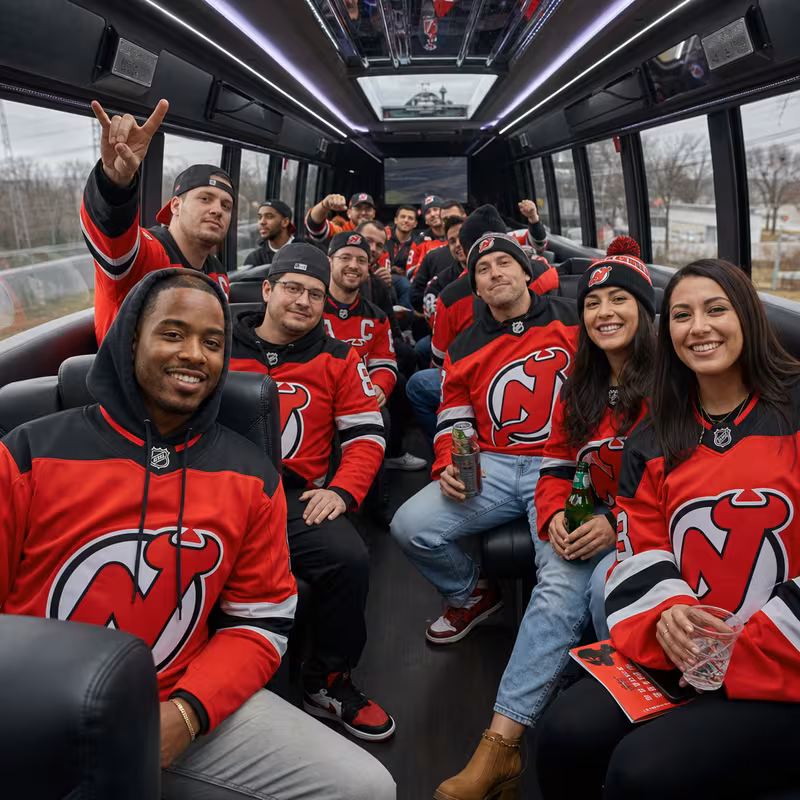 Group boarding a white charter bus for Sporting Event Transportation transportation in New Brunswick