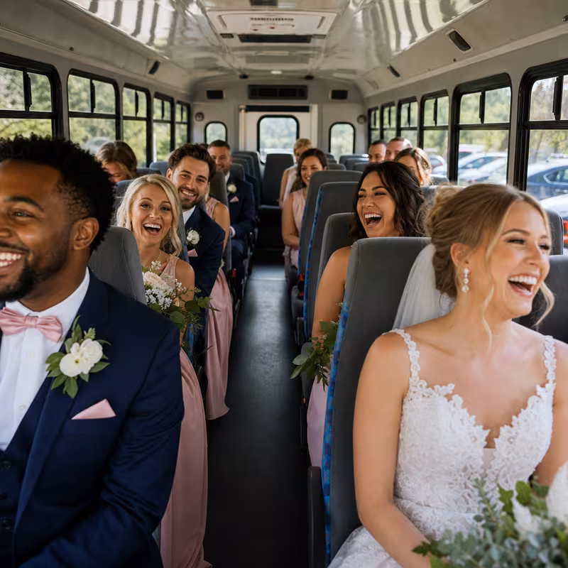 Group boarding a white charter bus for Wedding Transportation transportation in New Brunswick